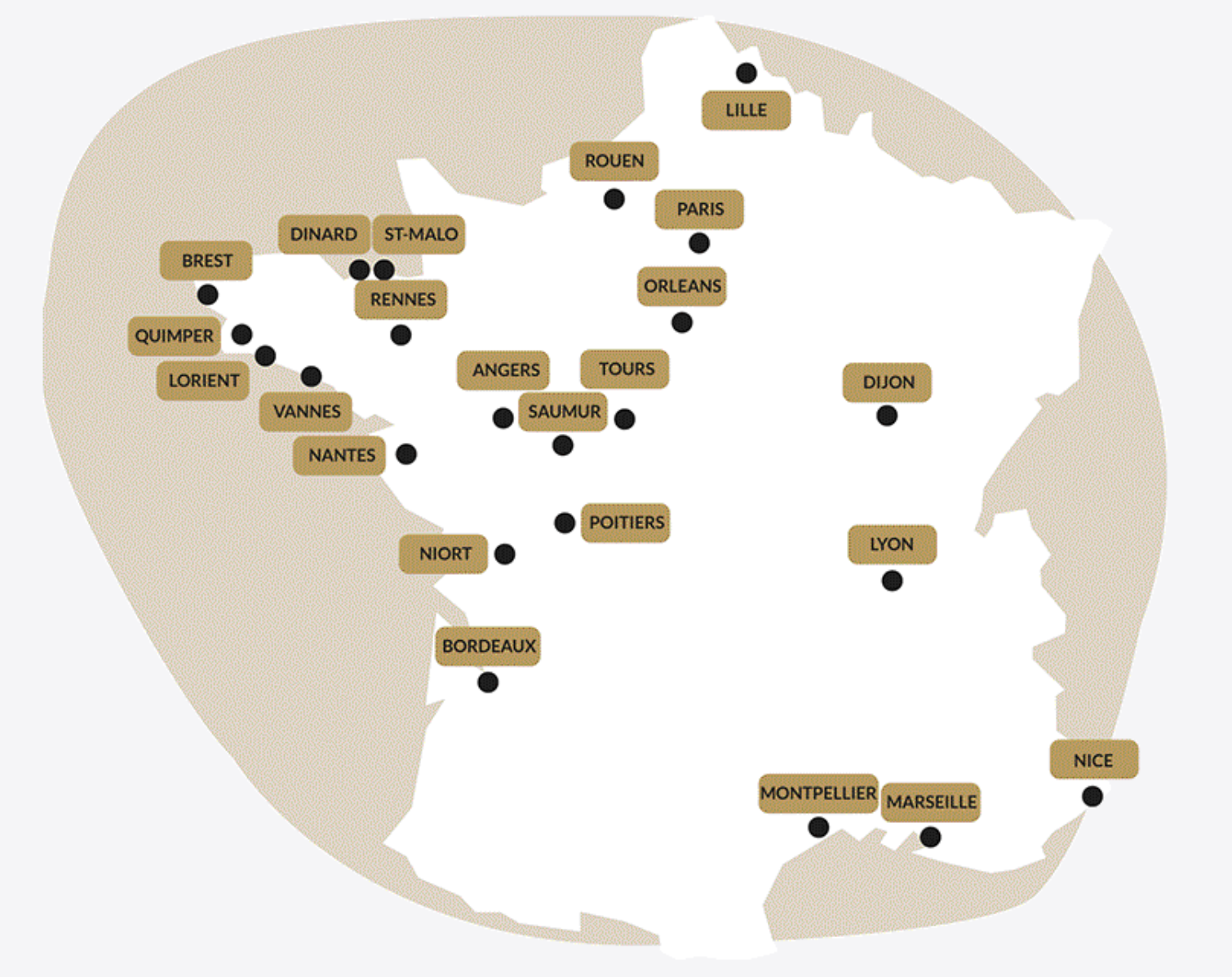 Carte des 24 villes où investir avec Ouiker en France en 2026, zones couvertes par l'investissement locatif clés en main
