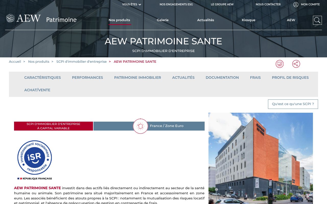 Aperçu du site AEW Patrimoine, SCPI de santé