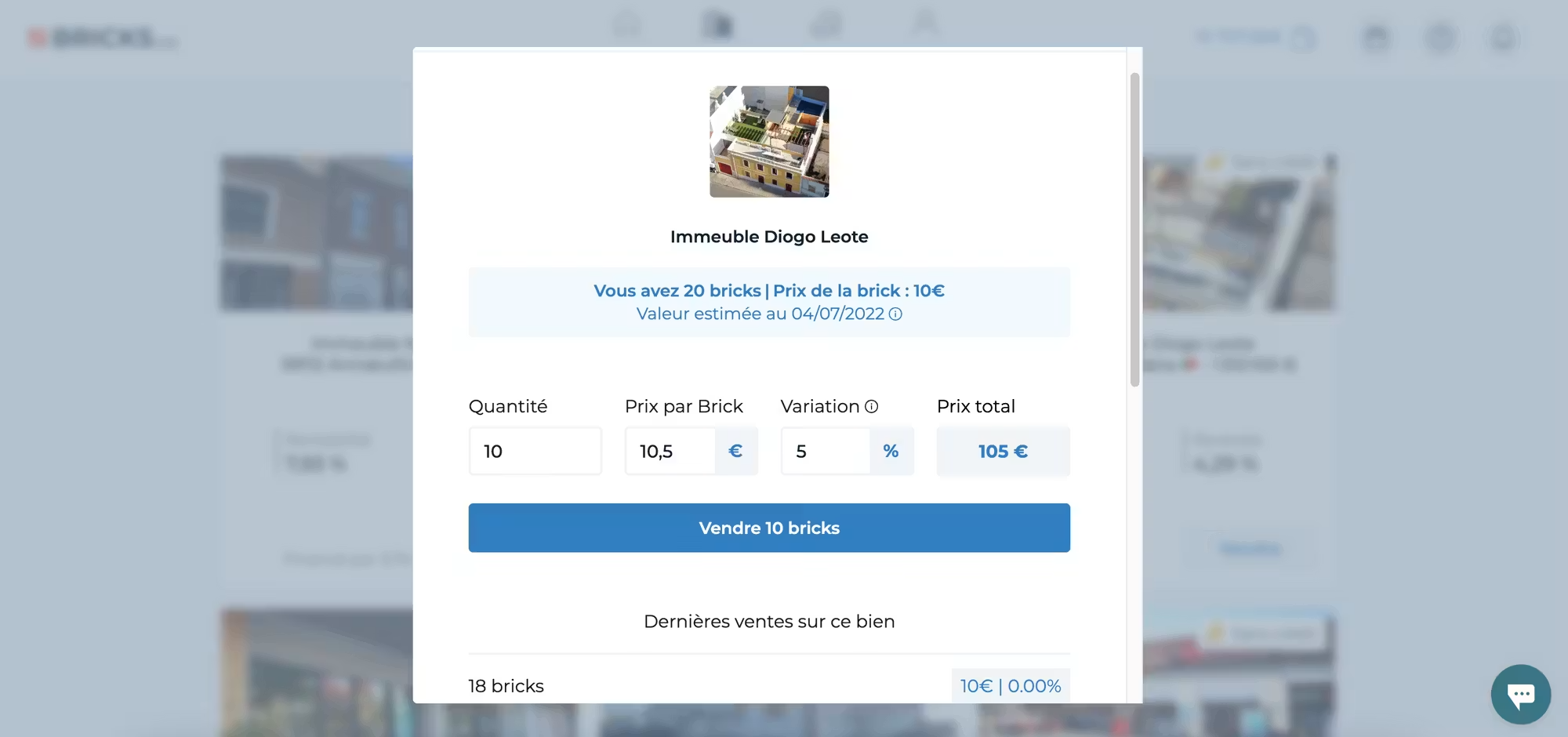 Écran de l'application Bricks montrant la fiche détaillée d'un investissement sur un projet d'immeuble