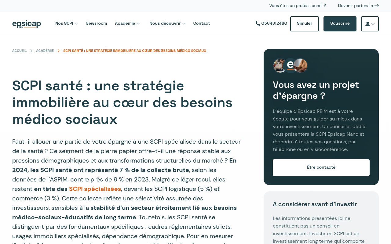 Aperçu du site Epsicap, SCPI de santé