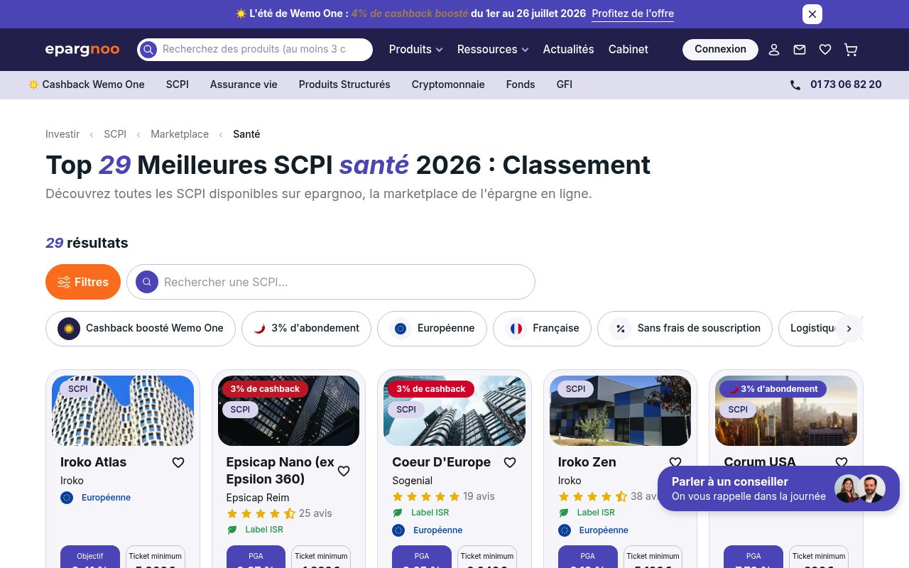 Aperçu de la plateforme SCPI de santé epargnoo