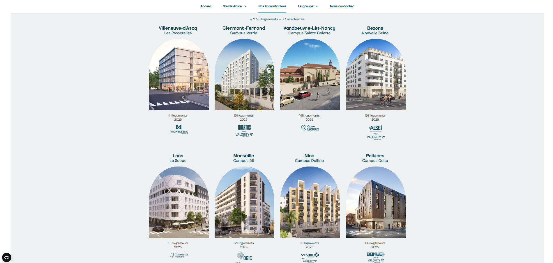 Extrait d'un catalogue de lots en résidence étudiante LMNP : programmes présentés avec leur ville, le prix du lot et le rendement annoncé.