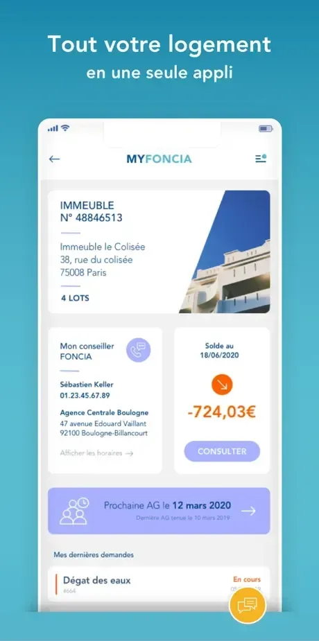 Tableau de bord MyFoncia, rubrique Mon logement : contrat, gestionnaire et suivi des demandes