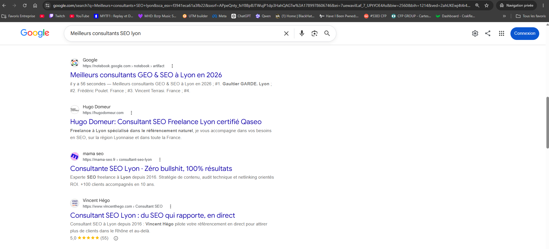 Résultats Google pour la requête meilleurs consultant GEO SEO Lyon, où Gaultier Garde apparaît en première position
